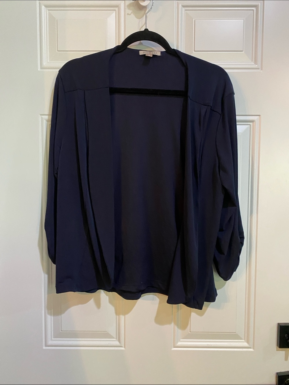 Roz & Ali Navy Open-Front Draped Tunic Cardigan
